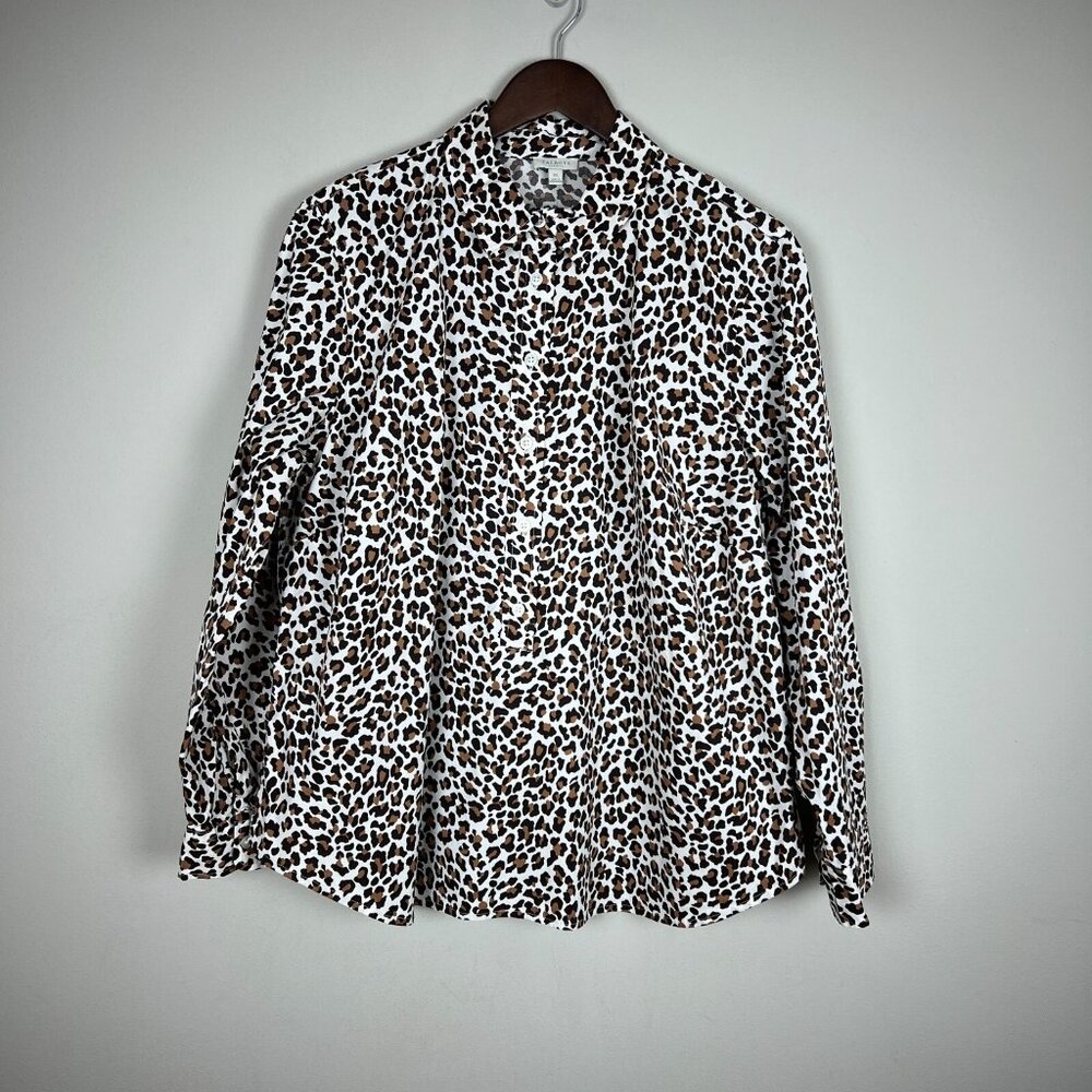 Talbots Blouse Top Womens 1X Brown Leopard Animal Print Popover Buttons Plus New